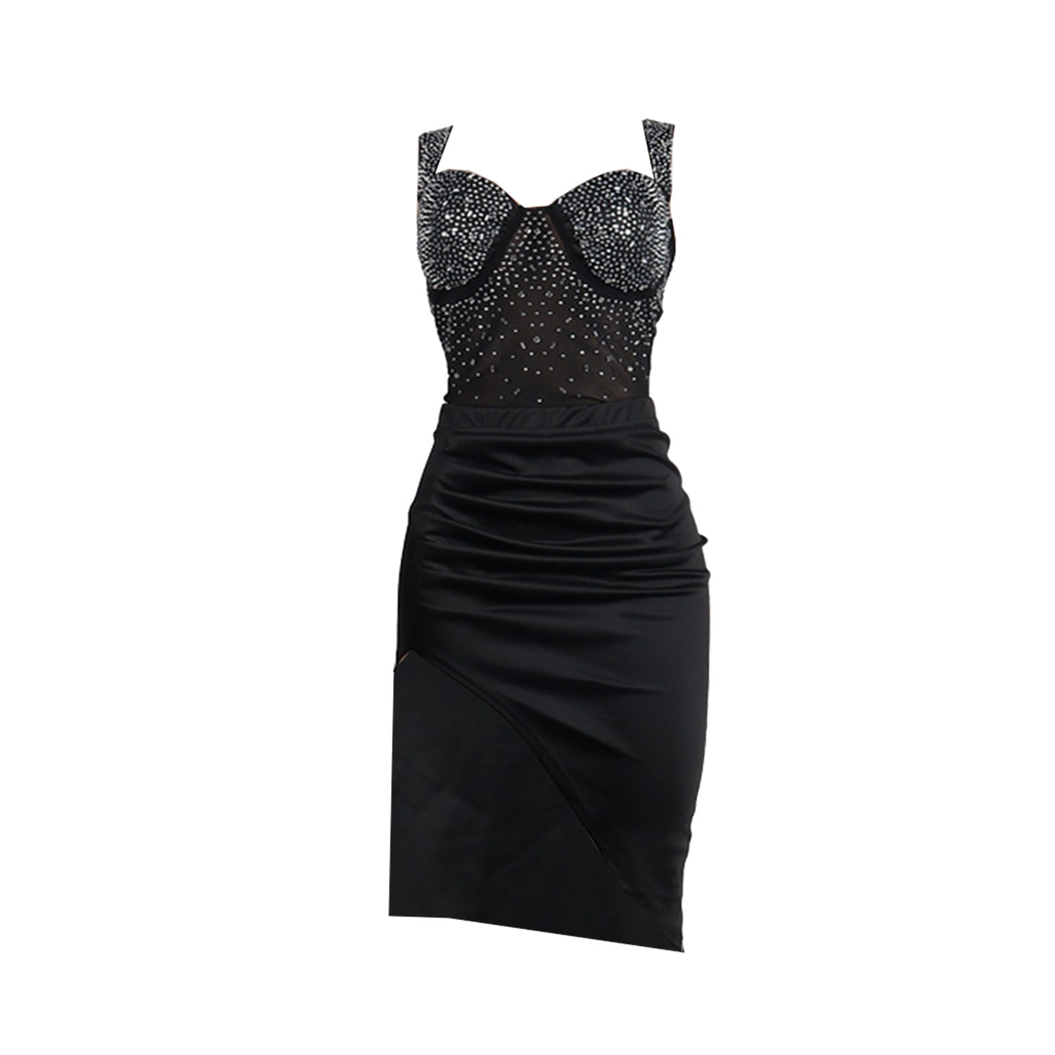 black sequined bodice dress with satin skirt and asymmetrical hem part of rhinestone sling backless set two colors elegant evening wear