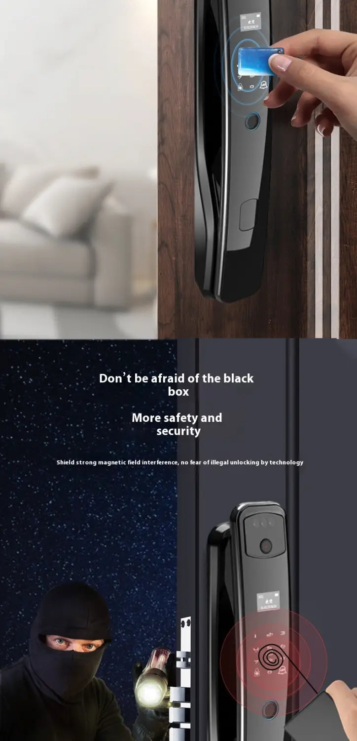 black home fully automatic fingerprint 3d facial smart door lock with digital keypad and fingerprint sensor featuring a sleek modern design