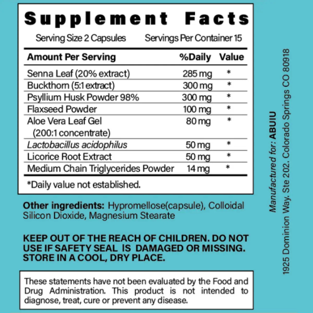 white-label supplement facts panel on the back of a super colon cleanse capsule 30 count featuring senna leaf, buckthorn, and psyllium husk powder for digestive health and cleanse capsule benefits.