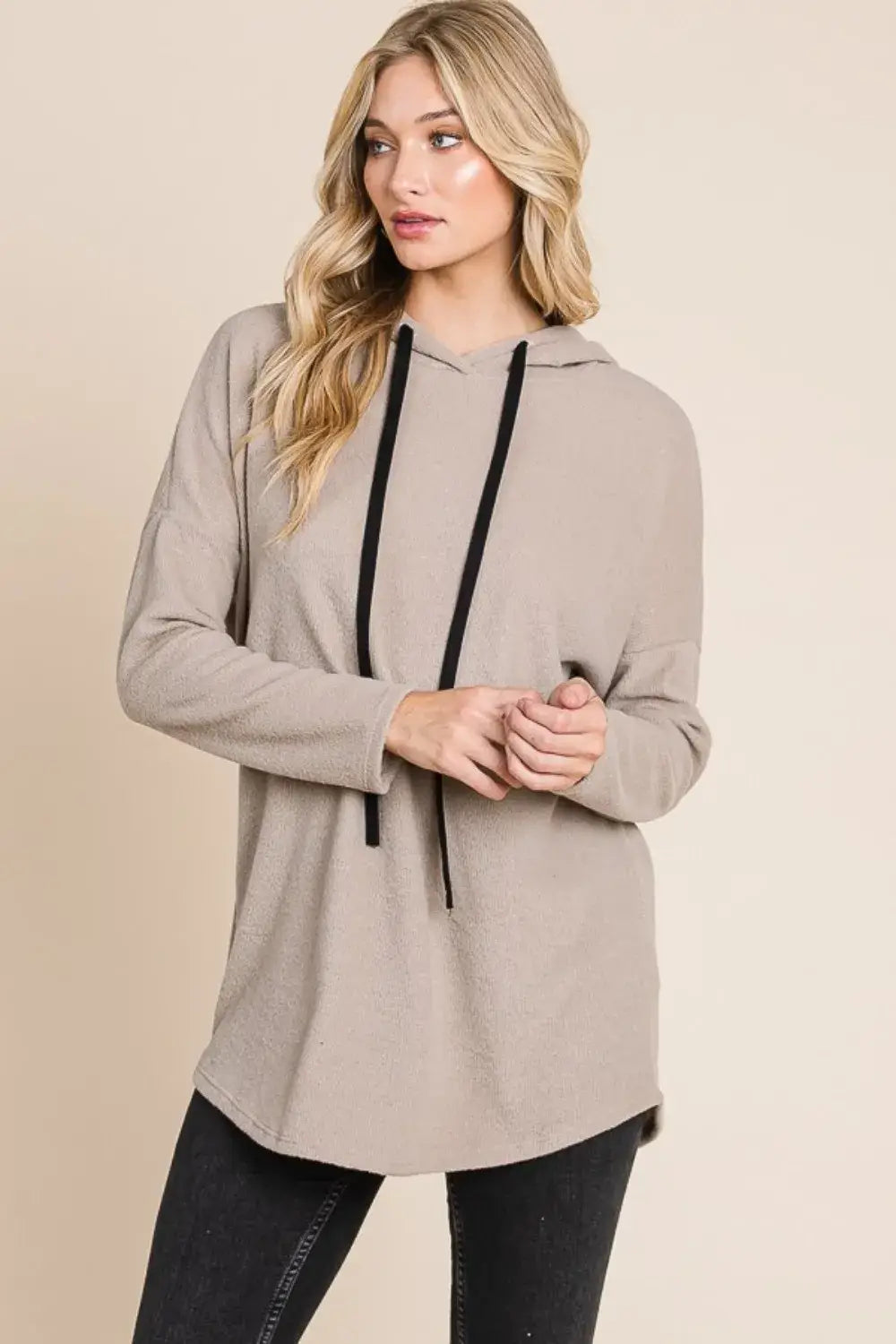 beige knit hoodie with bombom contrast drawstring black long sleeves and hood for casual wear