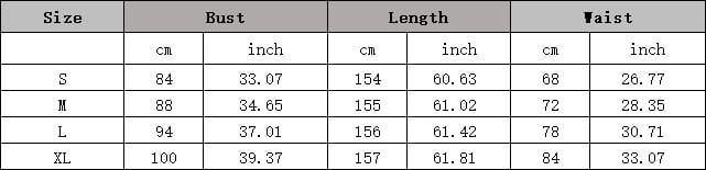 Size chart for an elegant sleeveless sequined suspender evening dress displaying measurements in centimeters and inches across sizes S through XL.