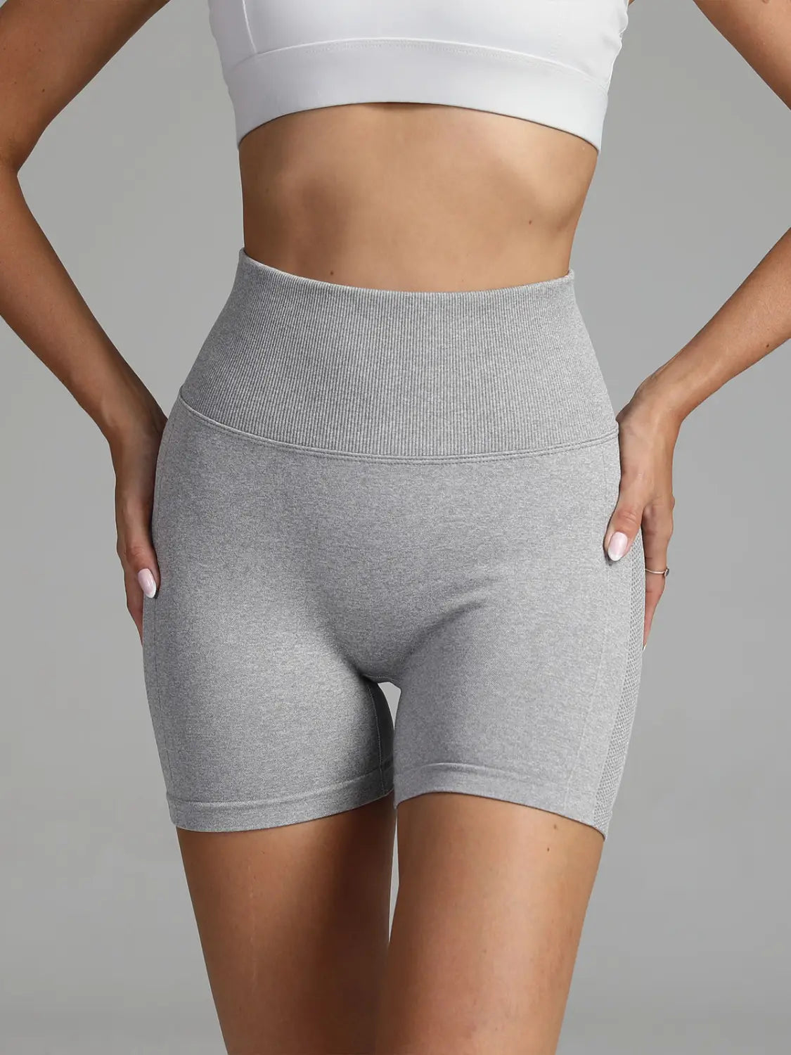pink high waist seamless yoga shorts women featuring solid color gray athletic shorts with a ribbed waistband and seamless stretchy fabric