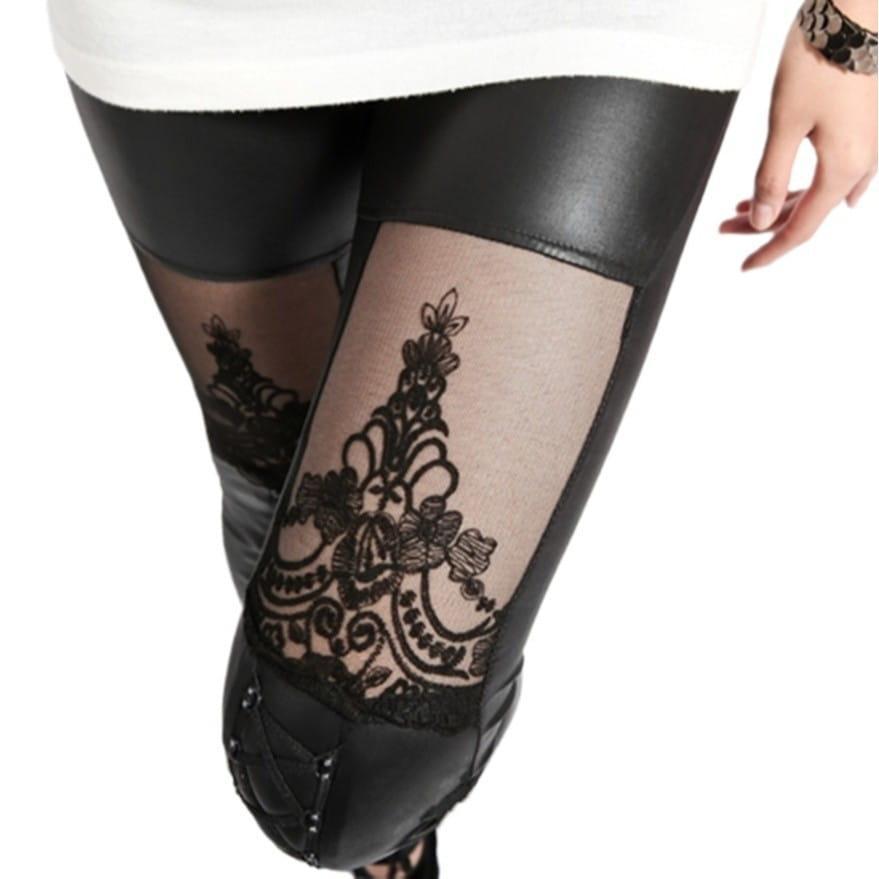 Black jacquard lace stitching base leather pants featuring black faux leather leggings with sheer panels and intricate lace stitching casual detailing.