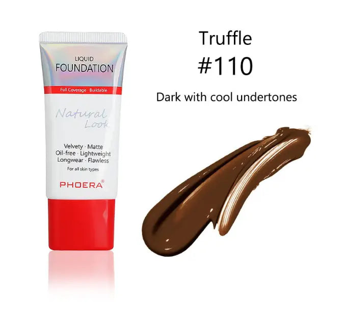 phoeera tube liquid foundation in truffle 110 is a dark shade with cool undertones presented in a sleek white and red tube, part of the porcelain 101 matte silky tube liquid foundation line.