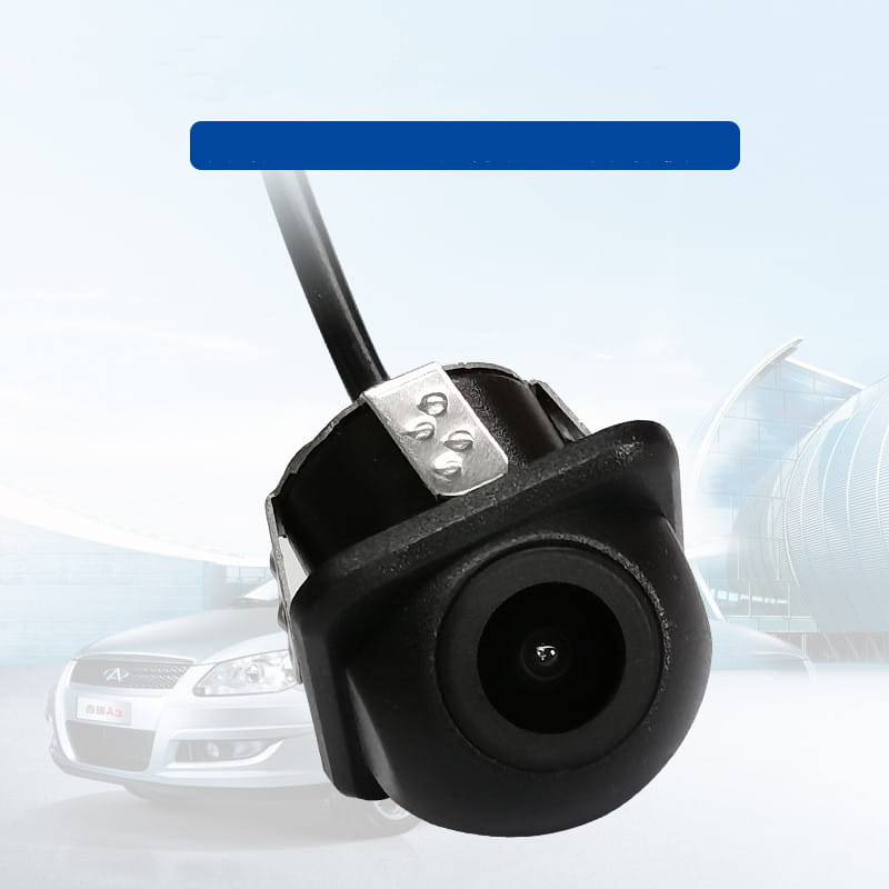 Black plastic hd perforated rear view car camera with silver metal mounting bracket and attached black cable shown from the back side.