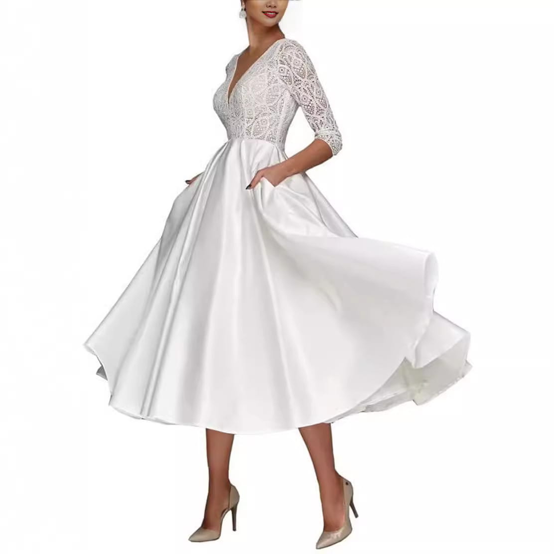 White lace and satin bridal deep v-neck long sleeve wedding dress with three-quarter sleeves and midi length.