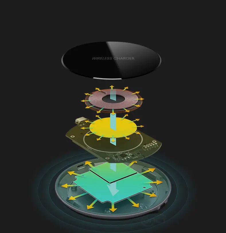 Black glossy 15w smooth wireless charger with sleek circular design and visible internal components for efficient charging