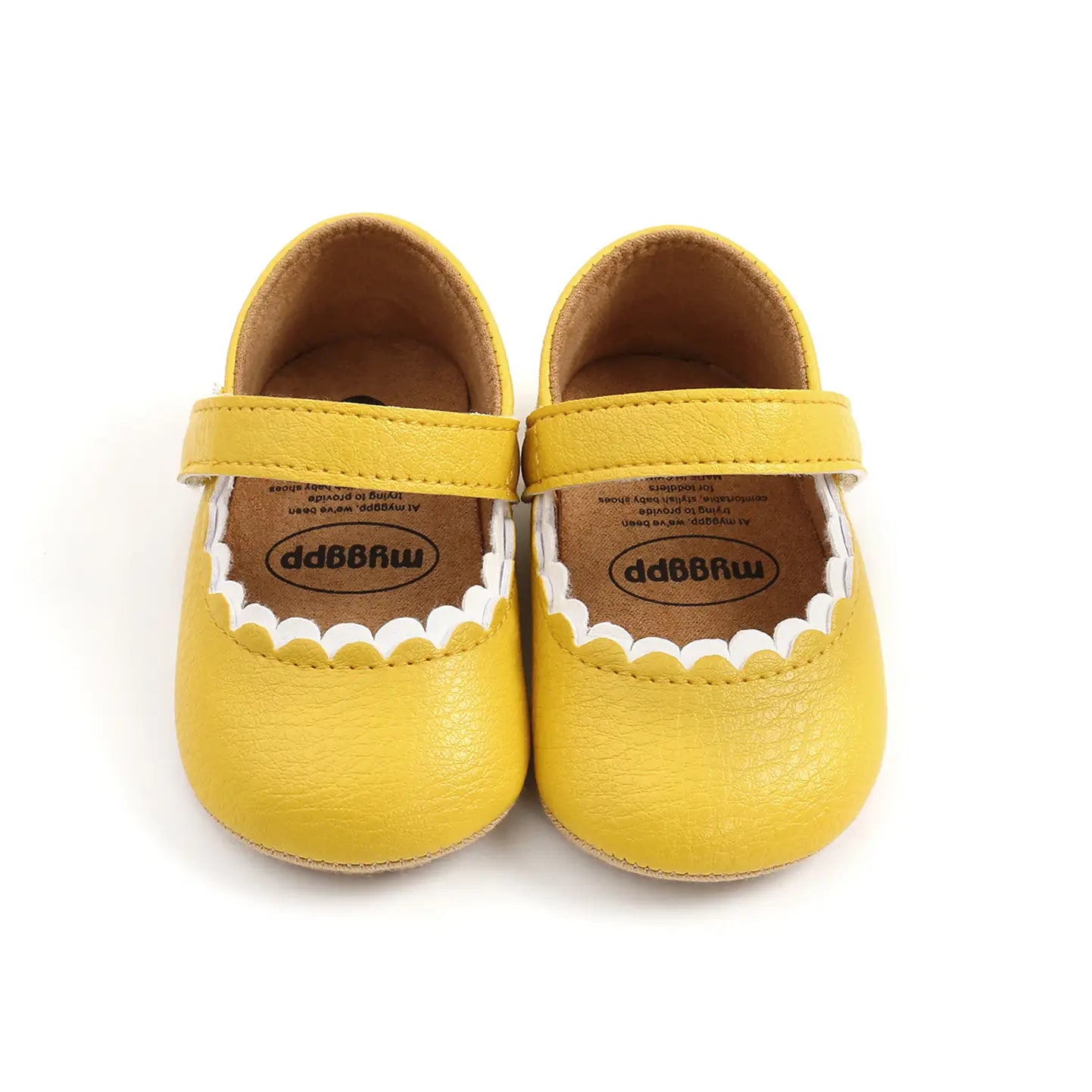 tan leather baby princess shoes with bright yellow leather, white scalloped trim, and a velcro strap for easy wear