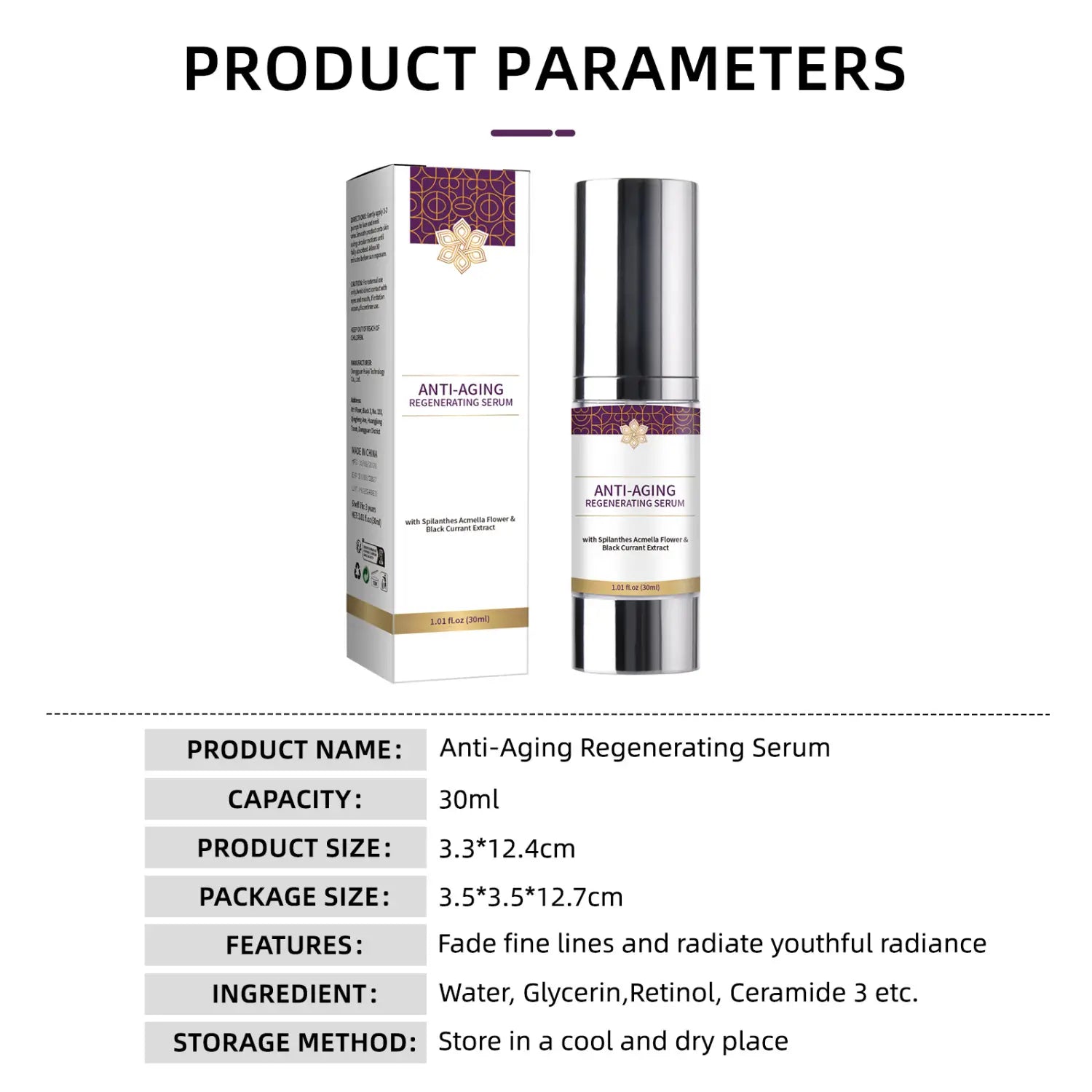 Silver-toned anti-aging regenerating serum in a sleek cylindrical glass bottle with a metallic cap and purple band designed as a wrinkle hydrating care solution.