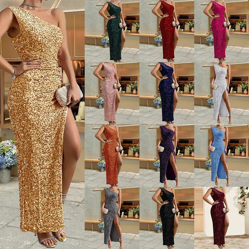 a shimmering gold sequined shoulder sleeping beauty one-shoulder evening gown with a high slit and fitted silhouette designed for glamorous occasions