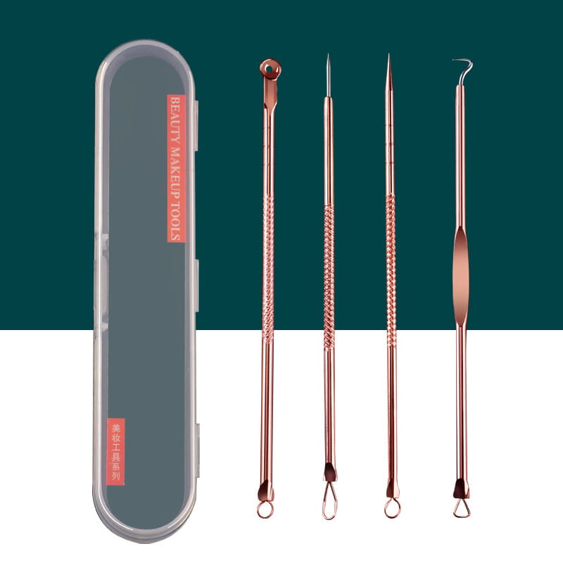 Set of four rose gold-toned stainless steel beauty needle set tools with textured handles displayed alongside a clear plastic zippered case labeled beauty makeup tools.