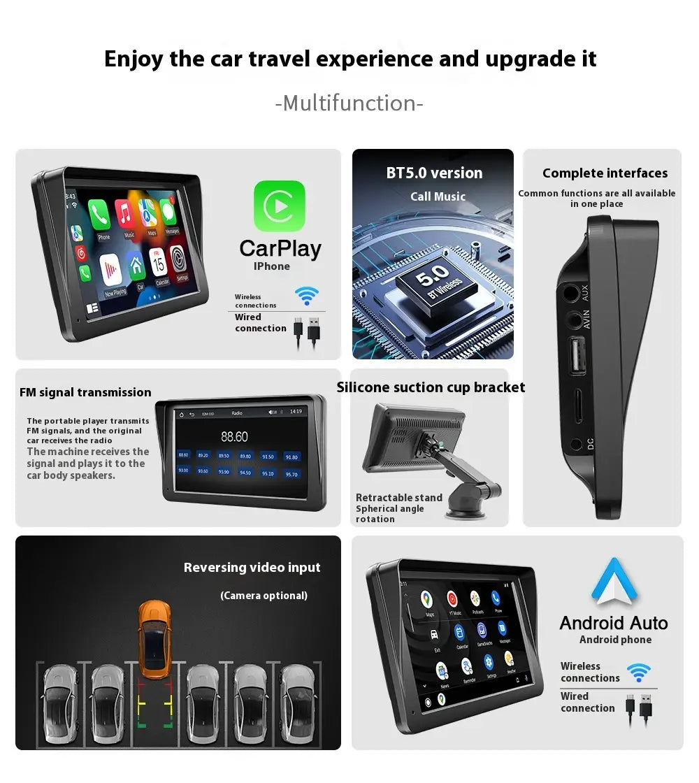 Black 7 inch portable car player hd large screen display with carplay, bt5.0 wireless connectivity, android auto compatibility, and touchscreen for navigation and media control in a large screen vehicle setup.