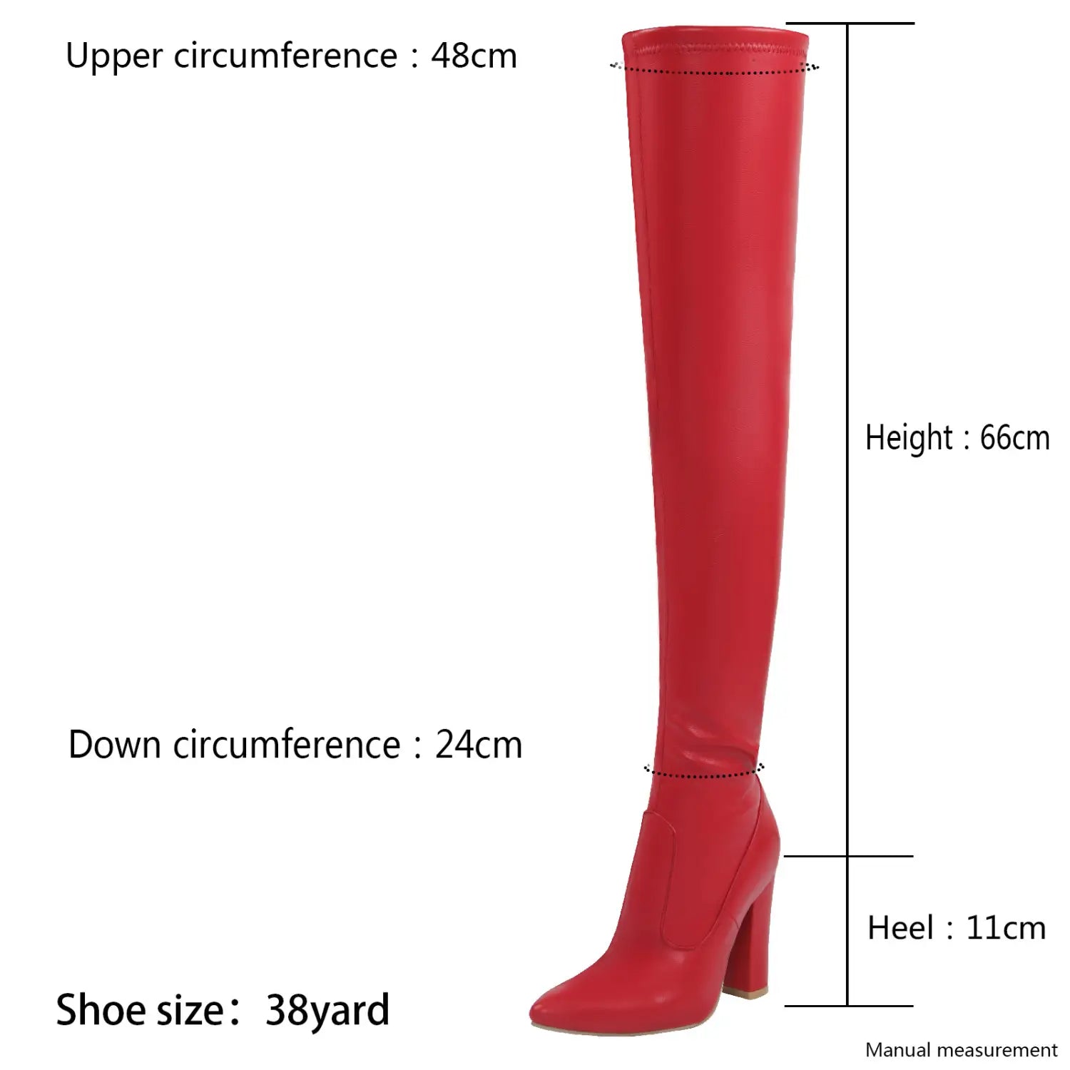 Red glossy pointed high heel over-the-knee boots with a block heel in solid color suitable for winter newsolid color styles.