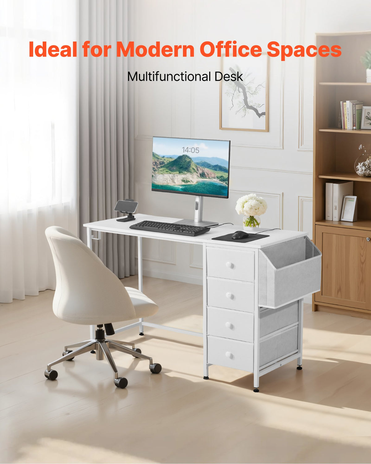White 47 inch reversible computer desk with 4 fabric drawers – view 3