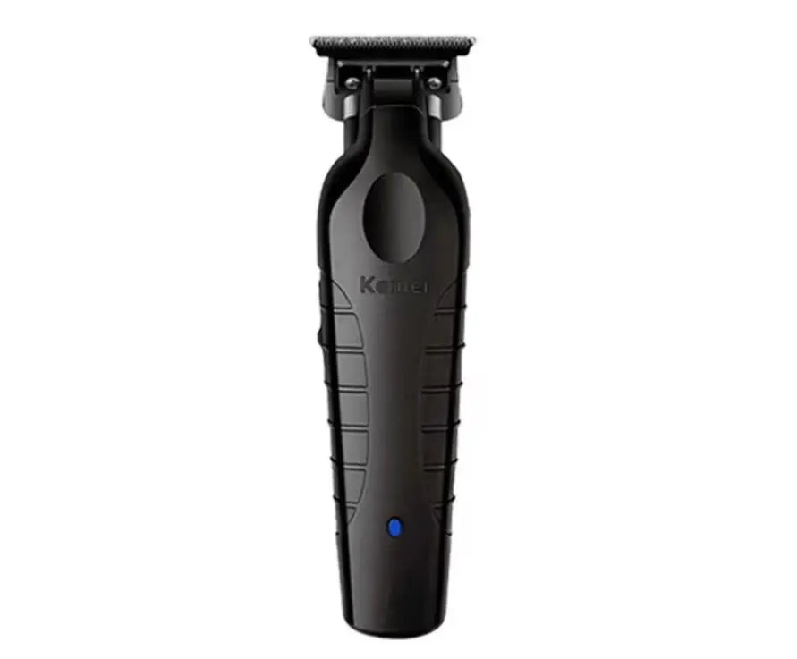 Black kemei professional hair electric trimmer with textured grip and blue power indicator from the professional hair clipper set with attachments