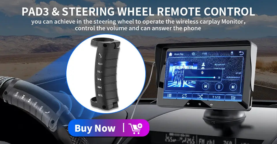black plastic steering wheel remote control with volume and track buttons for 7 inch wireless carplay display with cigarette lighter integration