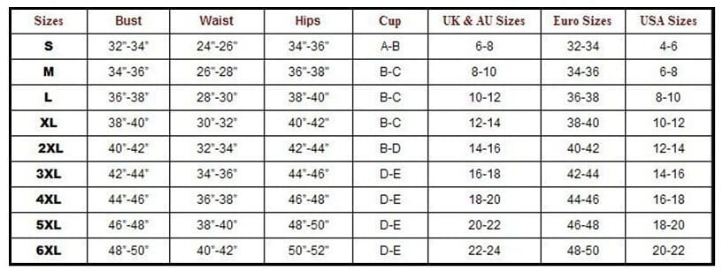 a detailed size chart for a black and white 2pcs bikini summer swimsuit women showing bust waist hips and cup sizes across international sizing systems.