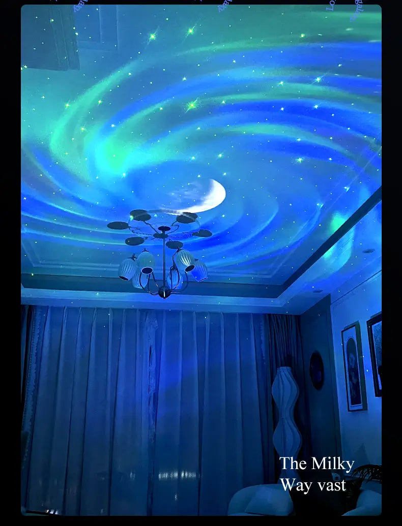 a ceiling illuminated by a double effect northern lights projector lamp featuring a swirling blue and green aurora borealis design with embedded stars and a crescent moon