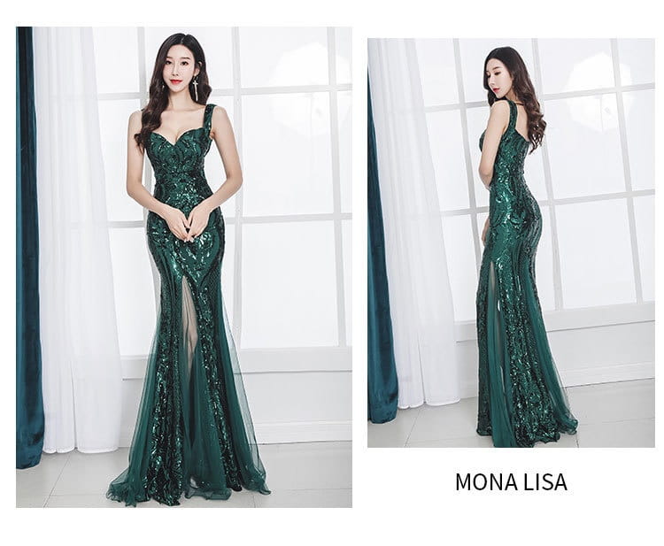 emerald green fishtail long summer dress featuring sequined fabric with a fitted bodice and sheer mesh train perfect for elegant evening occasions