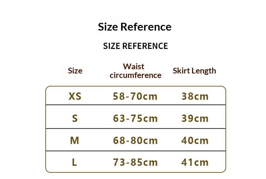 size reference chart for a red two tiered sequin dance skirt displaying waist circumference and skirt length measurements for performance sequin dance sizes xs to l