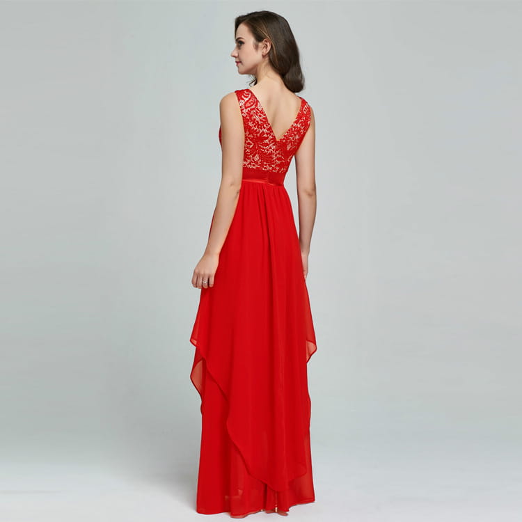 A vibrant red lace spliced chiffon evening gown featuring a lace bodice and flowing chiffon skirt.