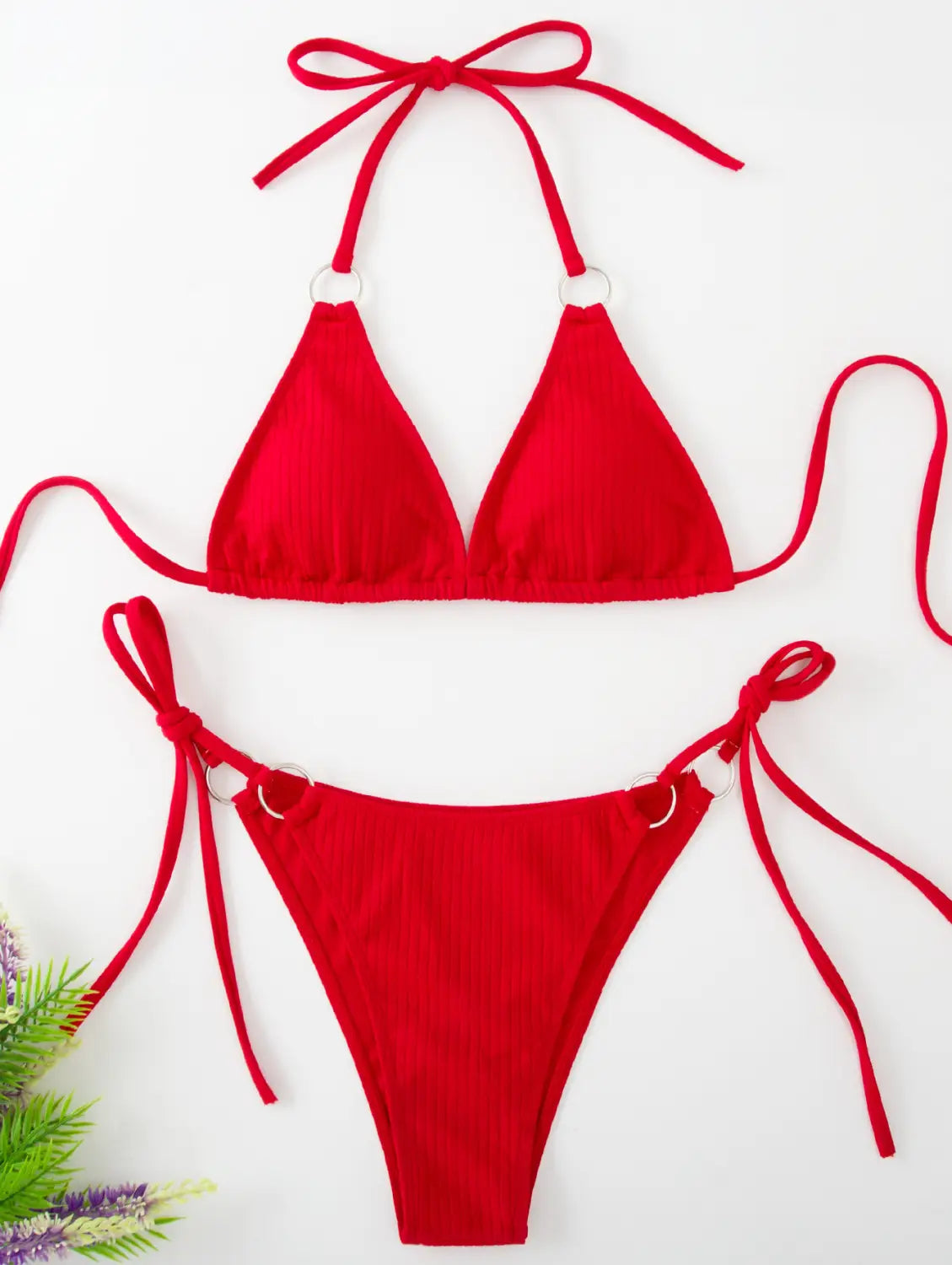 red triangle bikini set with adjustable ties and silver ring accents designed as a sexy bikini set for summer beachwear.