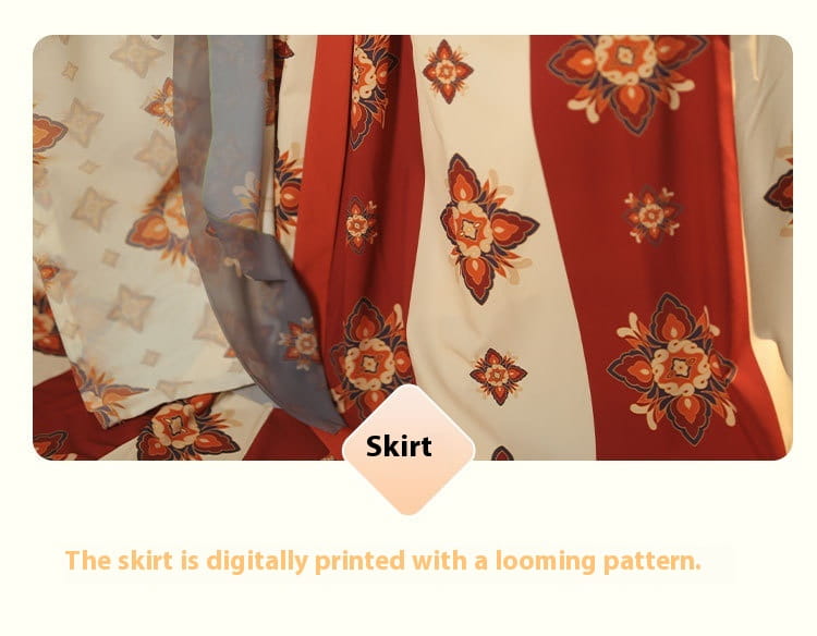 a tang imperial han chinese clothing recovery dress featuring a flowing red and white skirt with intricate floral patterns in orange brown and cream designed as traditional han chinese clothing