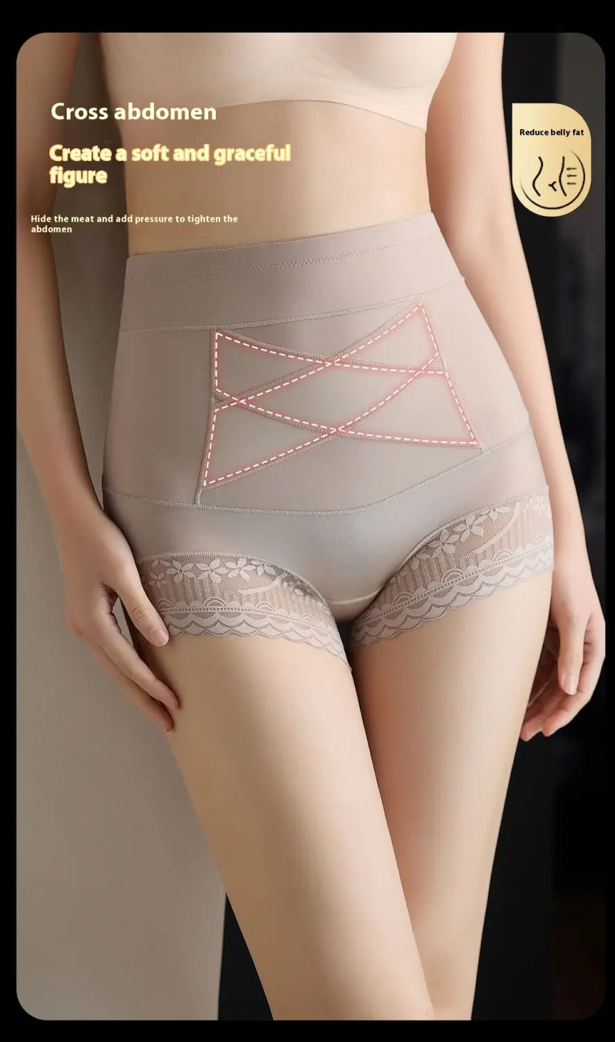 Beige high waist body shaping leggings with lace trim and a cross-abdomen design for hip lifting and contouring.