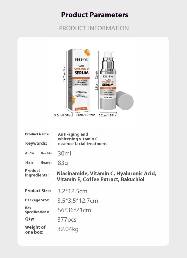 Anti-aging whitening vitamin C care solution in a sleek silver pump bottle with an orange label and white box packaging by redjhor containing 30ml of vitamin C care essence.