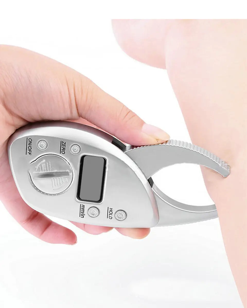 silver digital body fat caliper with lcd display featuring a sleek ergonomic design and textured grip for precise measurements