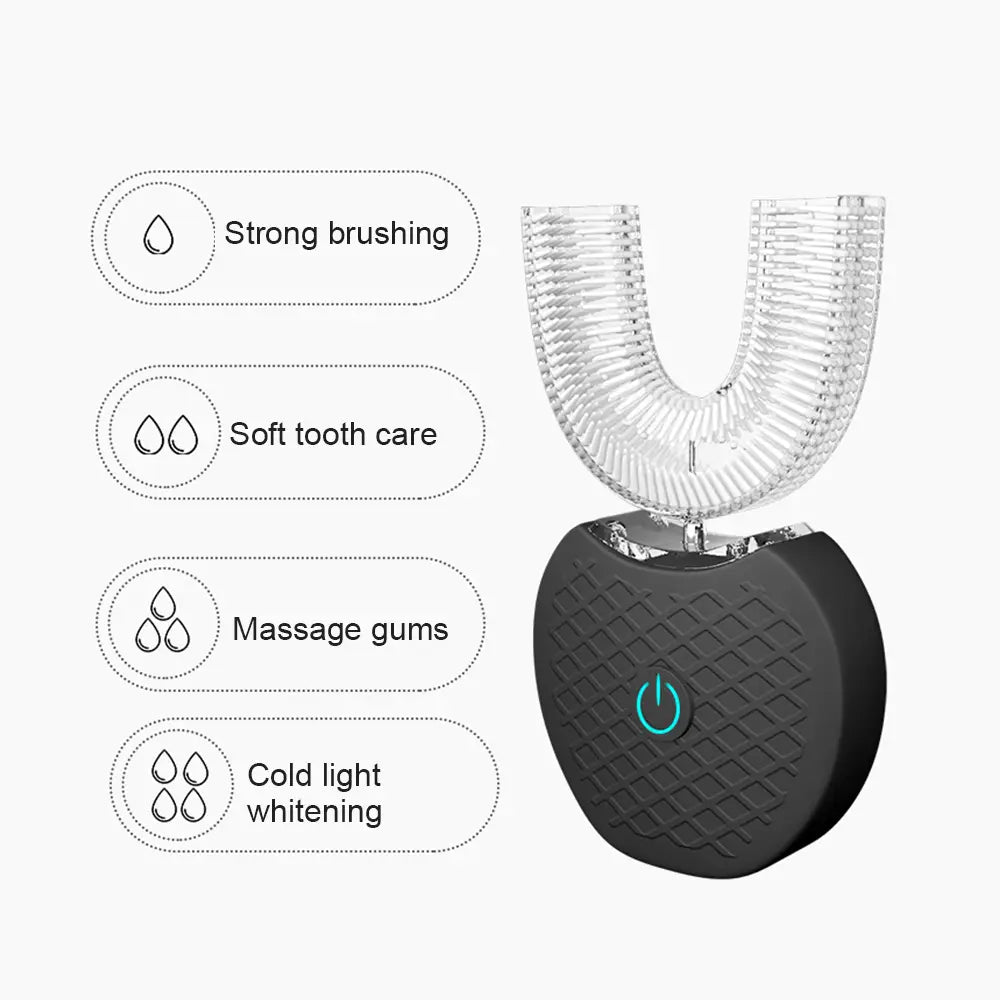 white ultrasonic electric toothbrush with a clear u-shaped head and black textured base featuring a glowing power button as an automatic tooth cleaner using ultrasonic electric technology