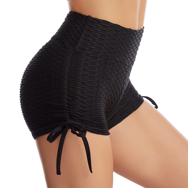 black textured high-waisted drawstring shorts with ruched fabric and side ties designed for a textured butt lift effect