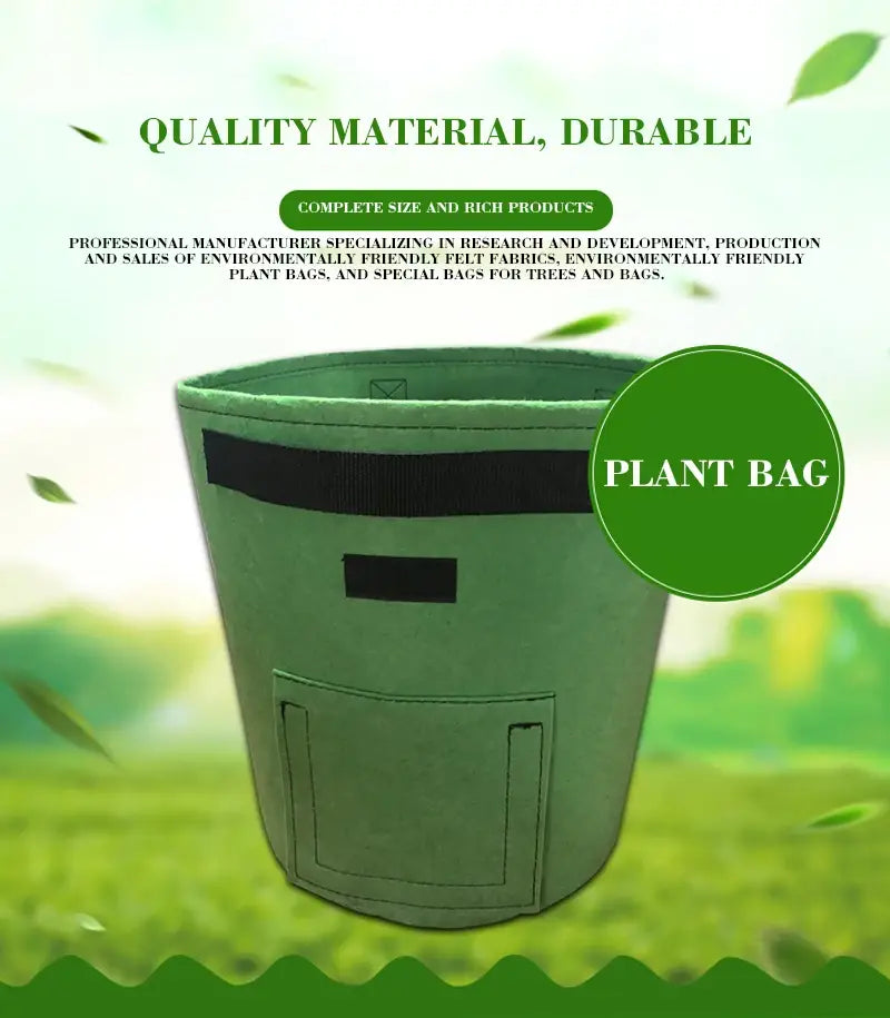 green felt breathable potato tomato vegetable plant bag with black fabric straps and front pocket for tomato vegetable plant growth