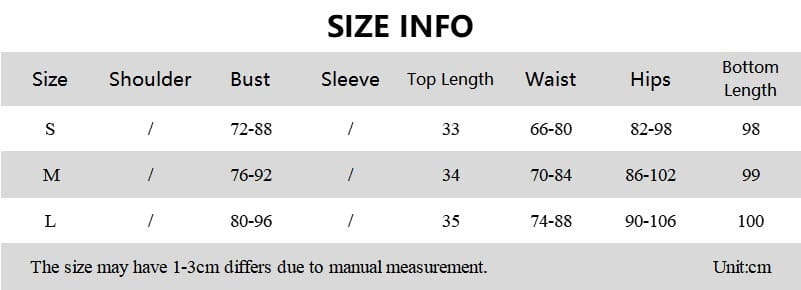 Size info table for women tank tops long skirt solid color two piece set displaying measurements in centimeters for sizes s m and l.