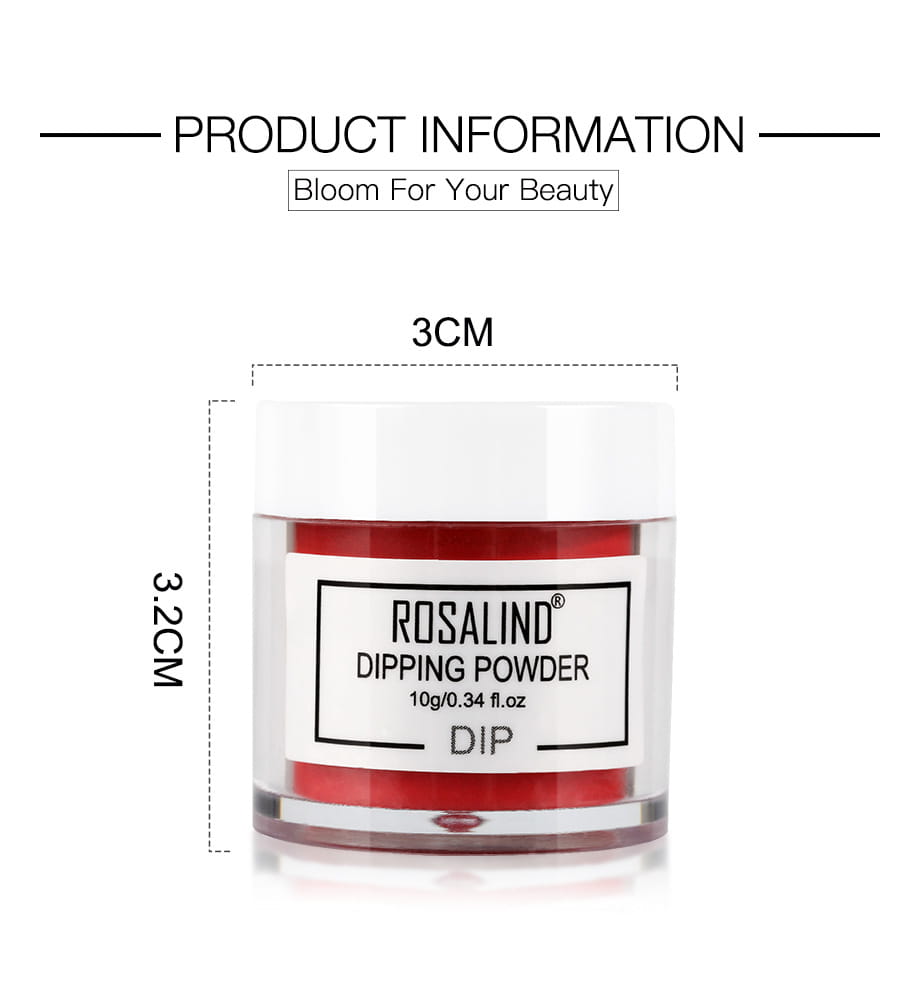 Rosalind brand dipping powder in a clear glass jar with white lid and vibrant red pigment from a dipping powder nail beauty set with brush for professional nail beauty.