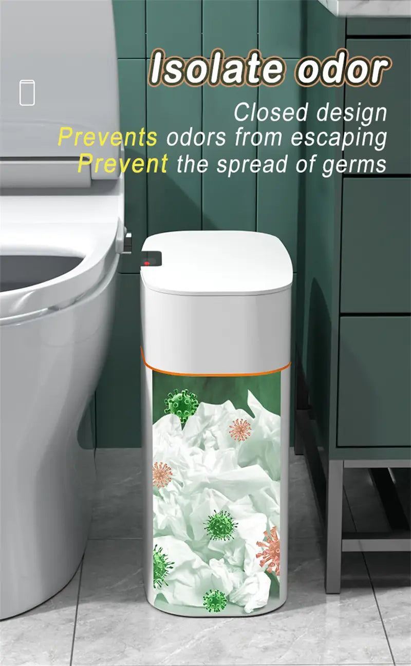 white smart trash can with a transparent lower section showing crumpled paper and illustrated germs, featuring a white cylindrical design with an orange accent band, ideal for living room kitchen use.