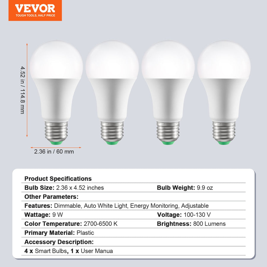 Smart LED Light Bulbs 4-Pack, 9W RGB Color Changing 800 Lumens, Voice Assistant Compatible