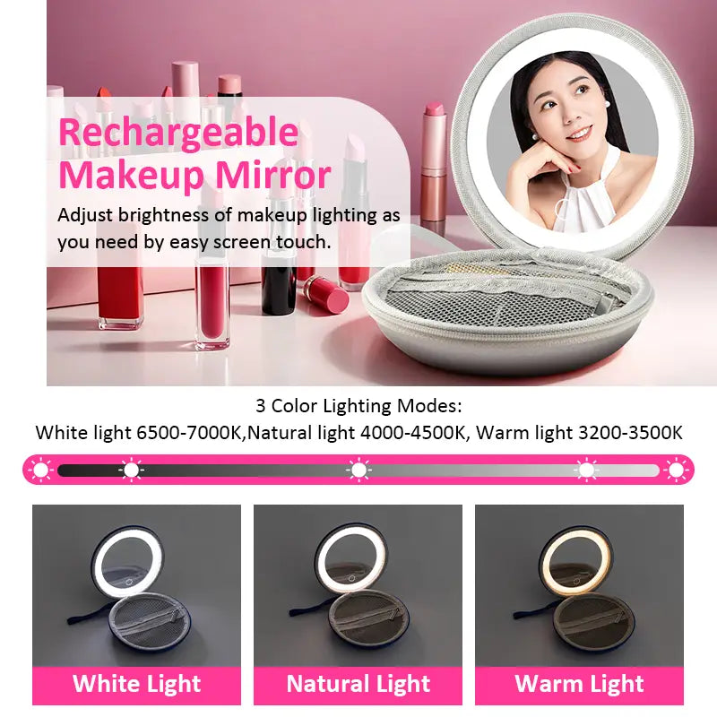 silver circular rechargeable makeup mirror with built-in led light ring and mesh storage compartment in a round bag blue and silver round bag mirror case