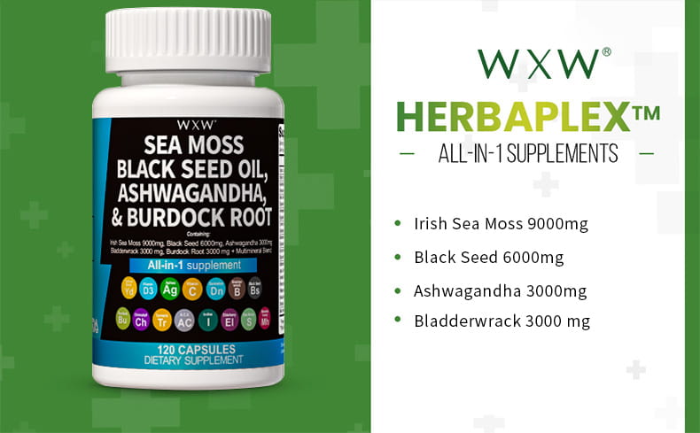 white plastic bottle with a white ribbed cap labeled wxx herbaplex all in 1 supplements featuring black and blue text with ingredients like sea moss black seed oil ashwagandha and burdock root for seaweed capsules in luxury women’s fashion and plus size dresses bikinis collections