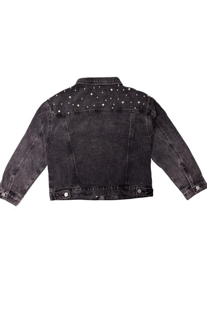 Women's Pearl Studded Black Denim Jacket Washed Embellished Jean Jacket