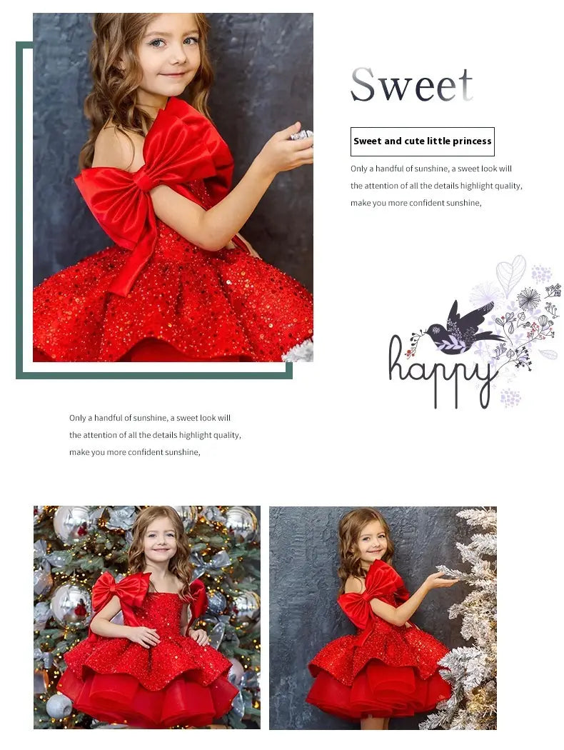 a vibrant princess dress red featuring sparkling sequins, an off-the-shoulder design, and a large bow at the back with a red tulle tutu and bow sleeves.
