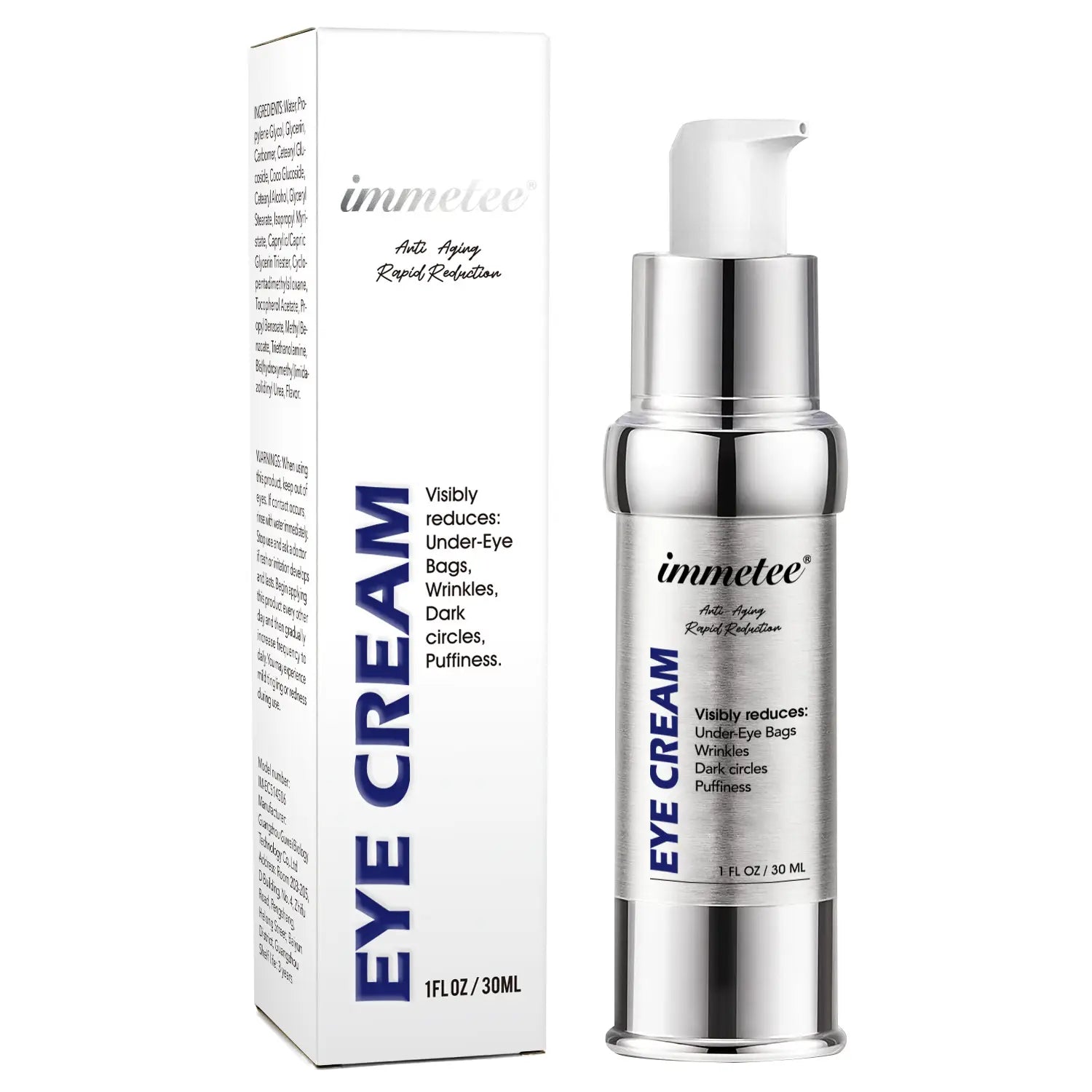 Silver pump bottle of Immetee anti-aging eye cream designed to lighten eye bags and reduce signs of aging.