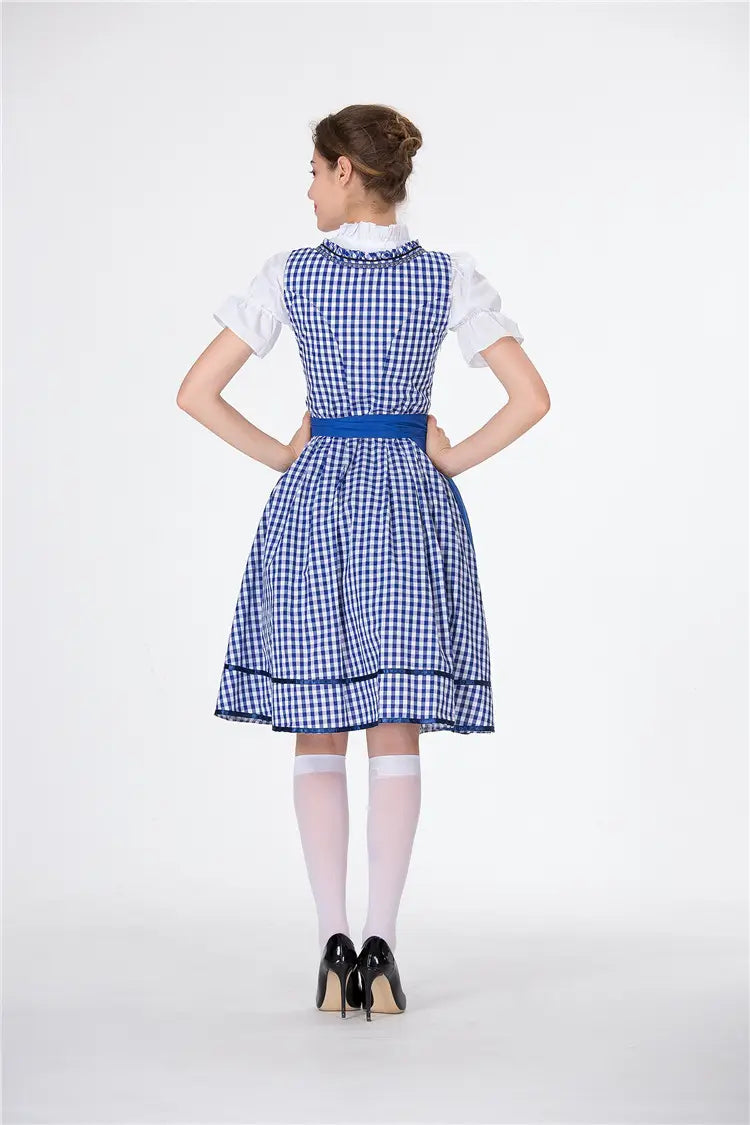 blue and white gingham dirndl dress with a white collared blouse and solid blue belt designed for german beer festival and american german beer events as traditional beer festival clothing