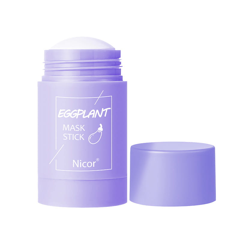 a lavender-colored cylindrical eggplant mask stick by nicor with white labeling for oil control in the cleansing green tea and eggplant oil control mask stick product.