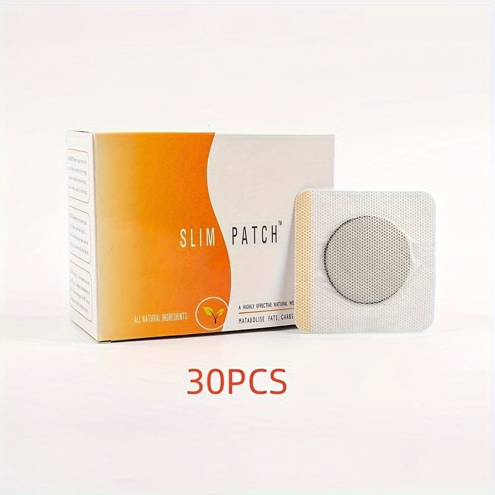 white and orange box of magnetic slimming navel belly button patch with a single patch showing a circular mesh design on the adhesive surface for button patch slimming use