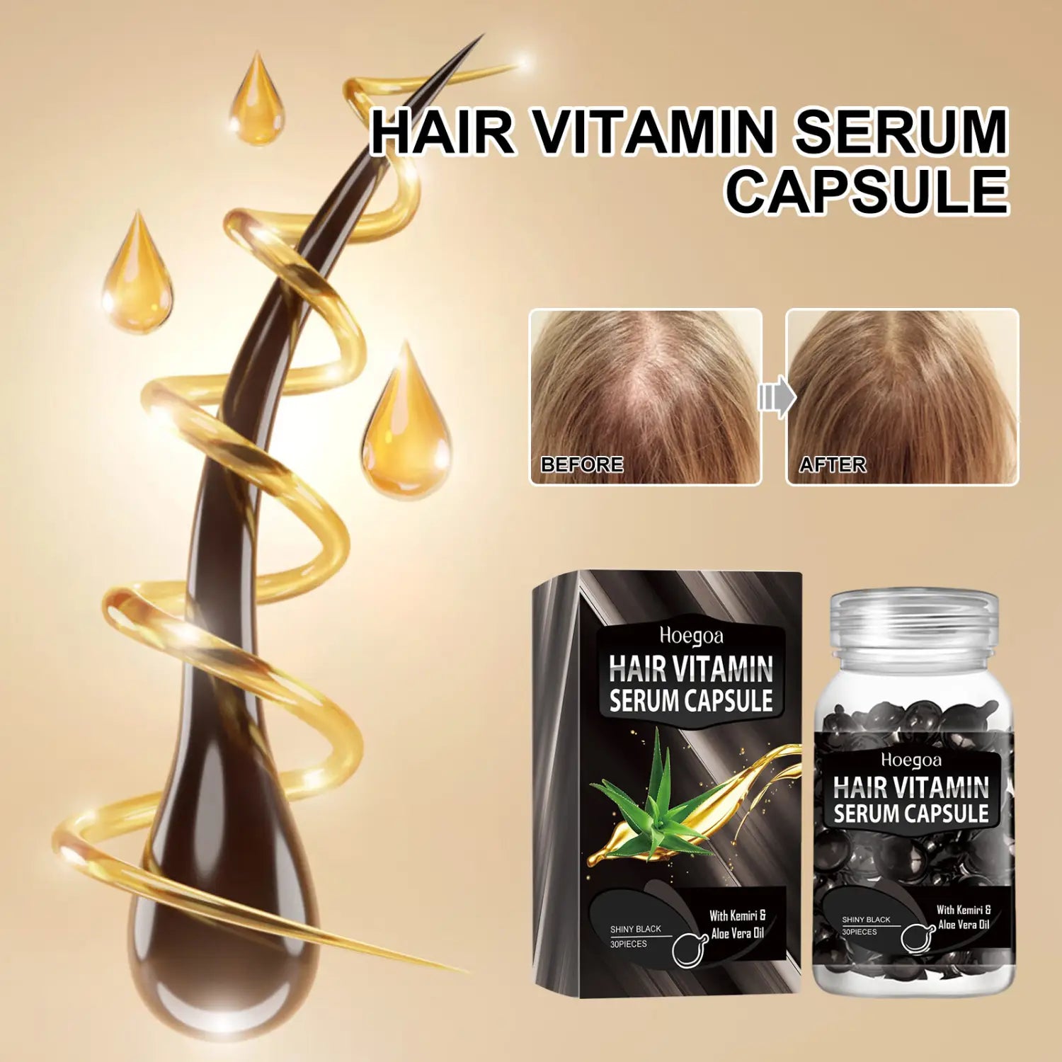 Hoegoa hair care black capsule vitamin serum with black capsules in a clear bottle and sleek black and gold packaging designed for advanced hair care.