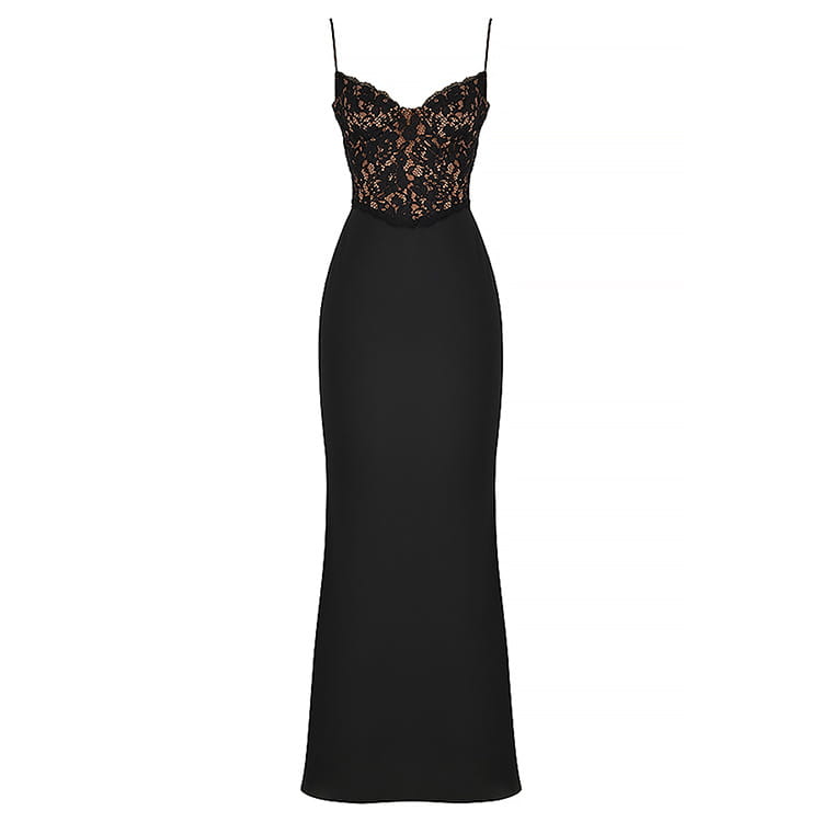 Elegant black lace high waist mermaid gown with a lace bodice and thin spaghetti straps designed for formal occasions