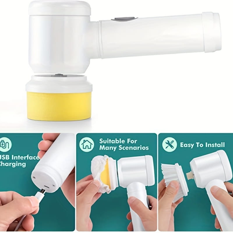 White handheld 1pc electric spin cleaning brush with a yellow circular cleaning head designed for versatile use and easy installation.