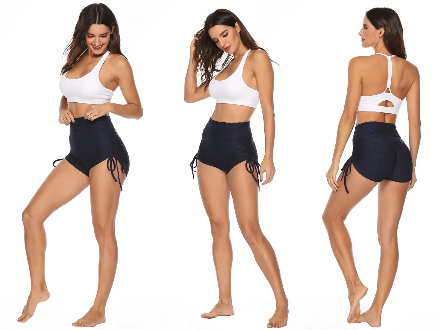 white and navy blue two-piece swimwear set featuring textured butt lift drawstring shorts with adjustable side ties displayed from the back
