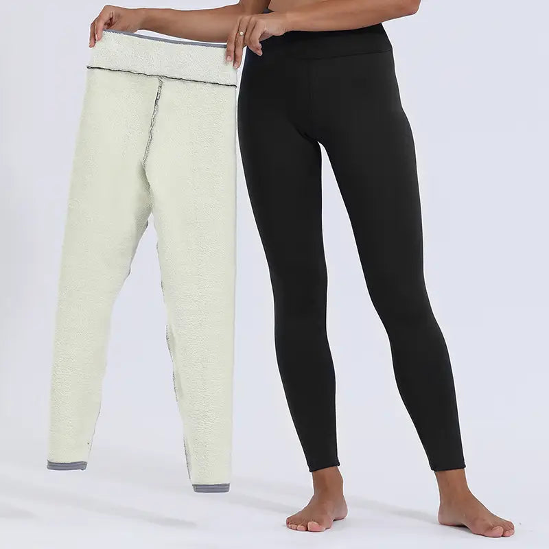 cream-colored high stretch winter leggings with fleece lining featuring a black elastic waistband and gray trim paired with sleek black royale essence lux leggings
